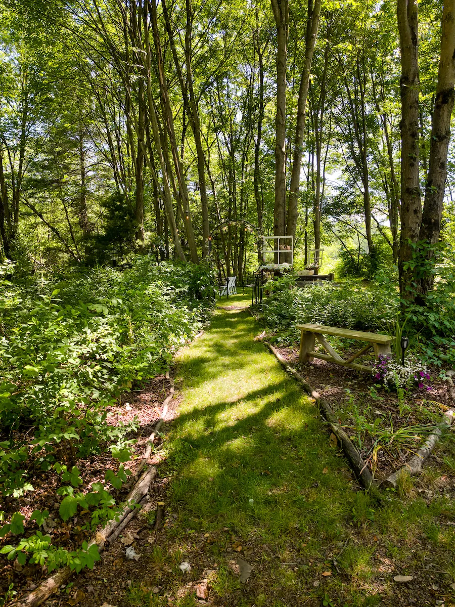 The grassy ceremony aisle winding through the woods toward the flower arch