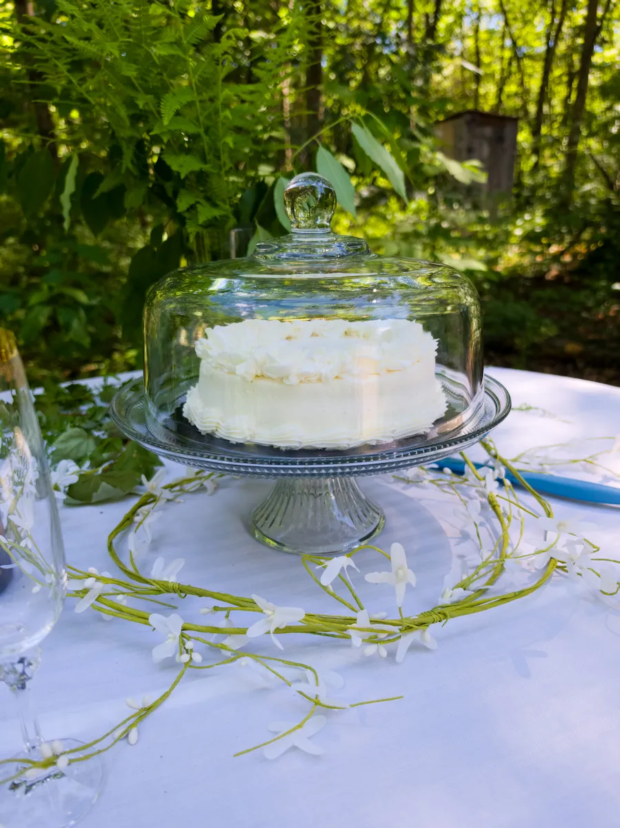 Close-up of the white frosted wedding cake under a glass dome, ringed with delicate white blossoms