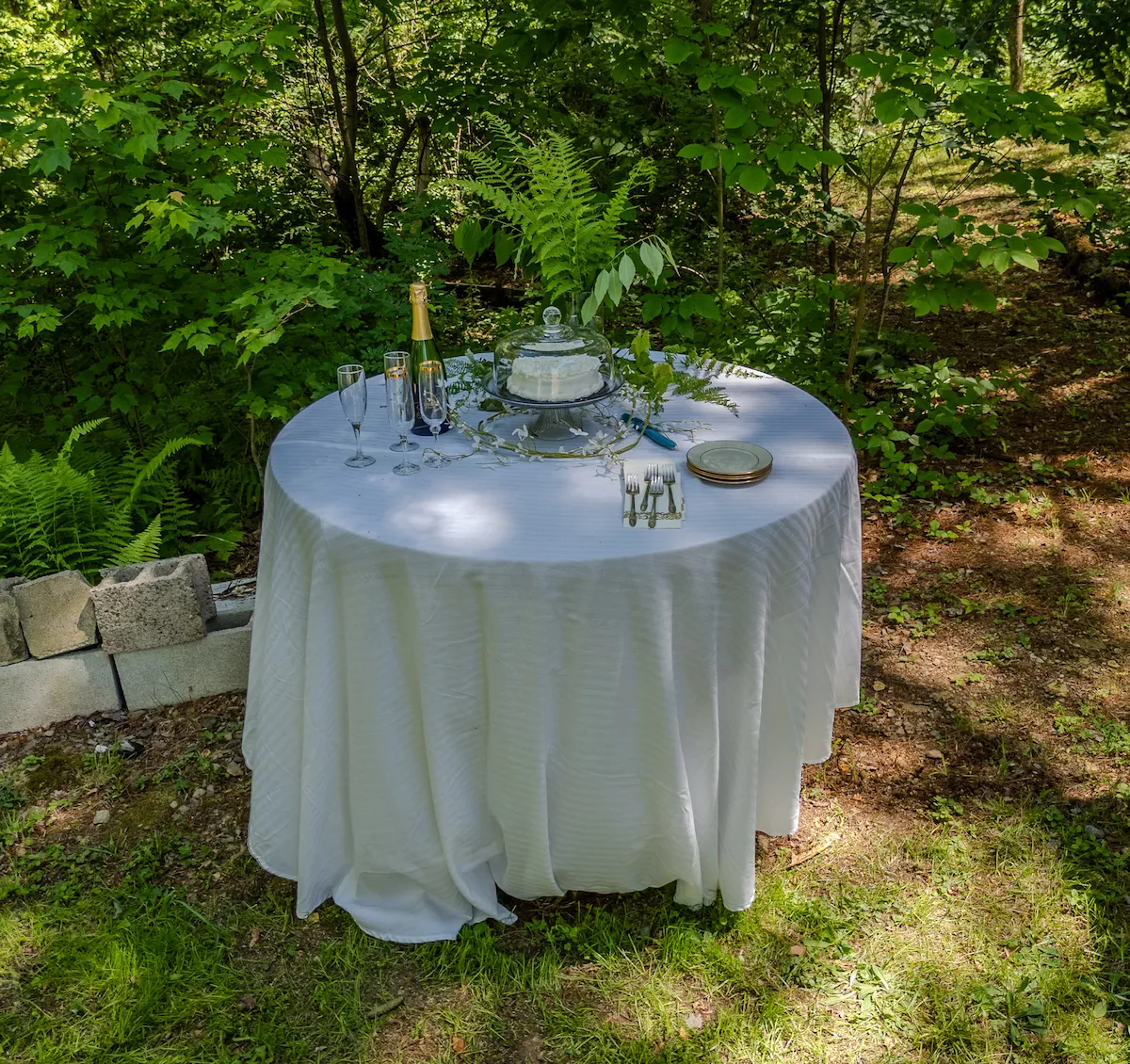 Aerial view of the white-draped cake table set in a clearing in the woods with champagne and a tiered cake