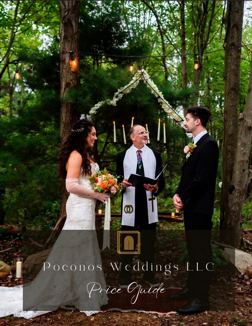The Pocono Weddings price guide, showing a woodland ceremony photographed from the aisle